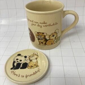 Hallmark Vintage Mig Mates Friendship coffee mug with lid/coaster cute animals